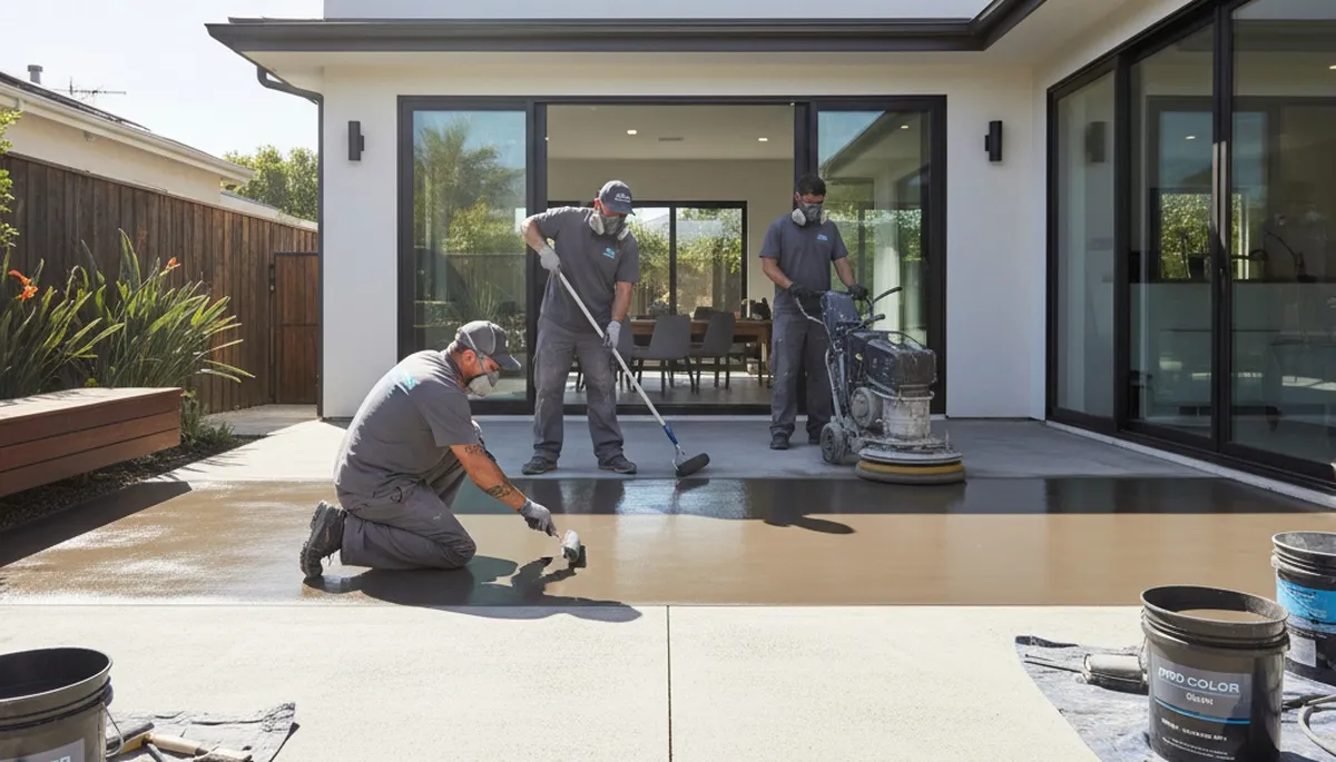 Professional concrete staining on patio in Houston TX by expert house painters for durable finish