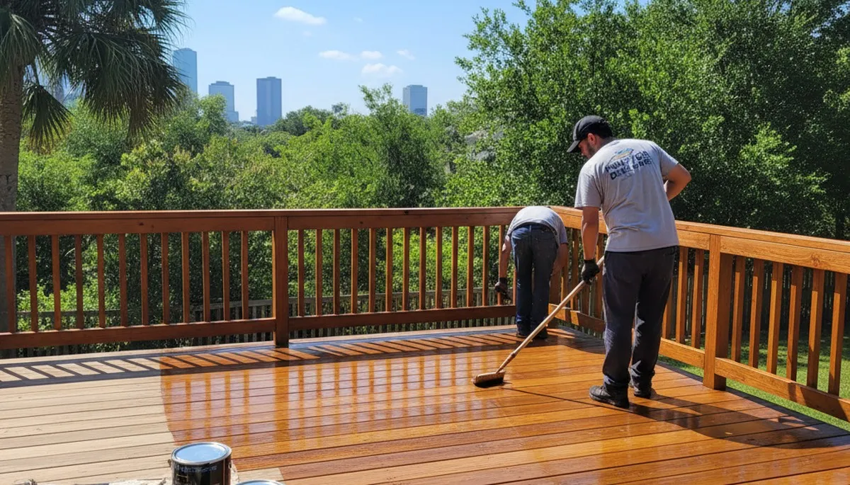 Professional deck staining in Houston TX enhancing wood color and protecting against UV and moisture damage