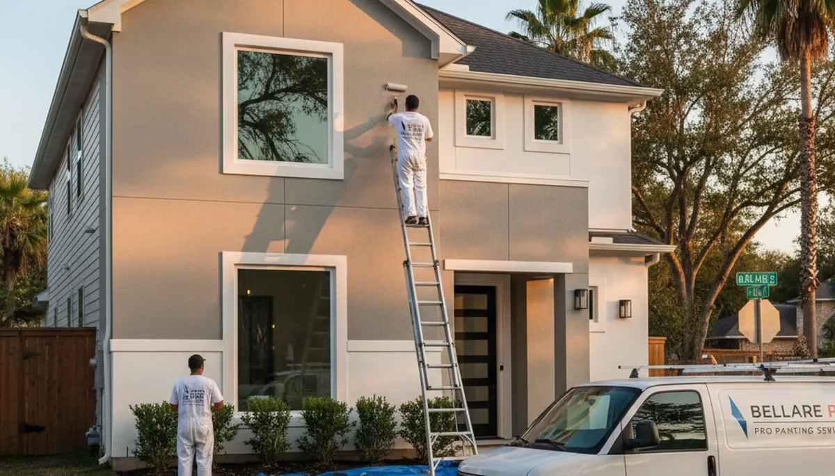 Professional house painters applying exterior paint on a Houston TX home façade