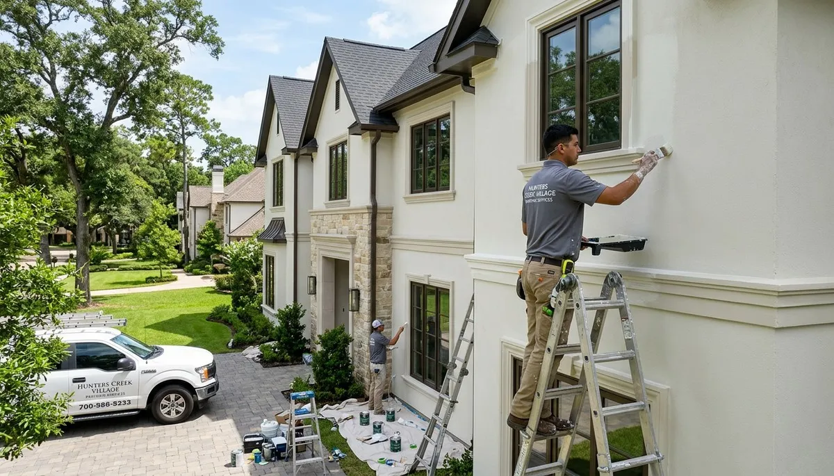 Professional house painters in Houston TX applying exterior paint to a two-story home façade