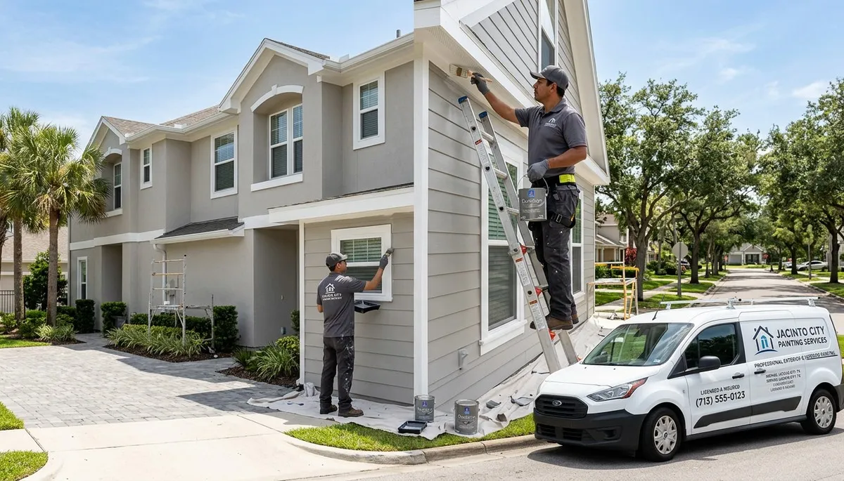 Professional house painters finishing exterior home in Houston, TX