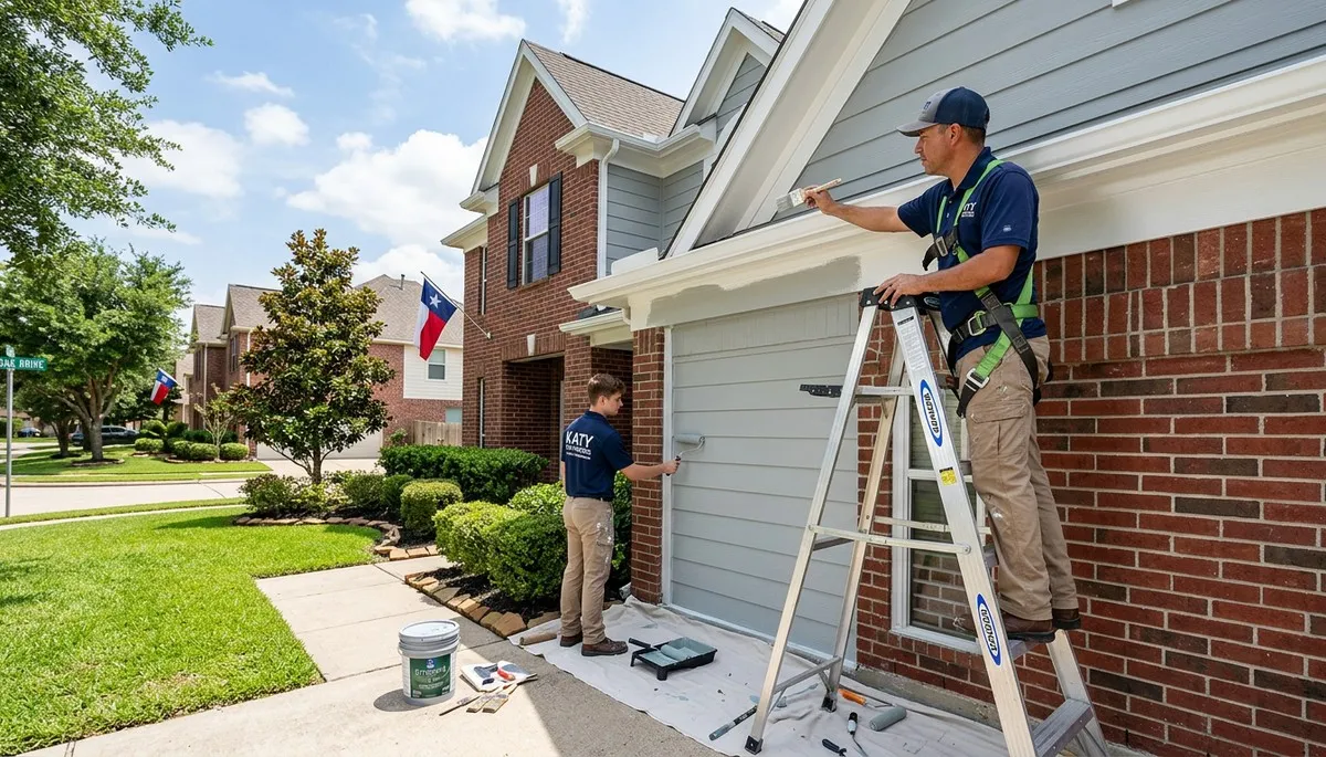 Professional house painters in Houston TX applying exterior paint to a residential home façade