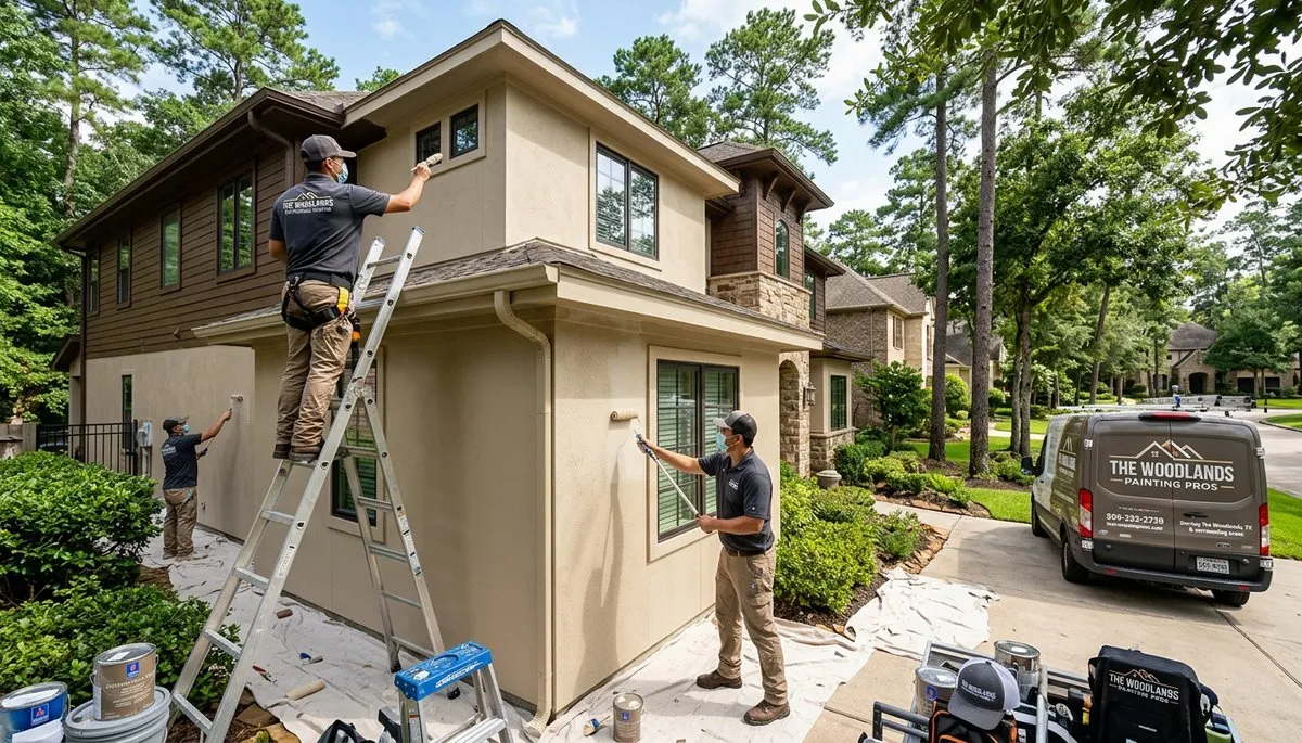Professional house painters working on exterior home in Houston, TX