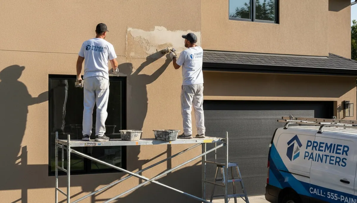 Professional stucco repair on Houston TX home exterior by expert house painters restoring damaged walls