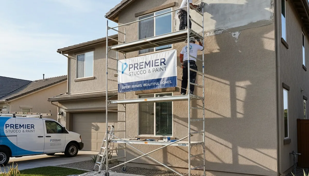 Professional stucco repair and restoration on a Houston TX home exterior by expert painters