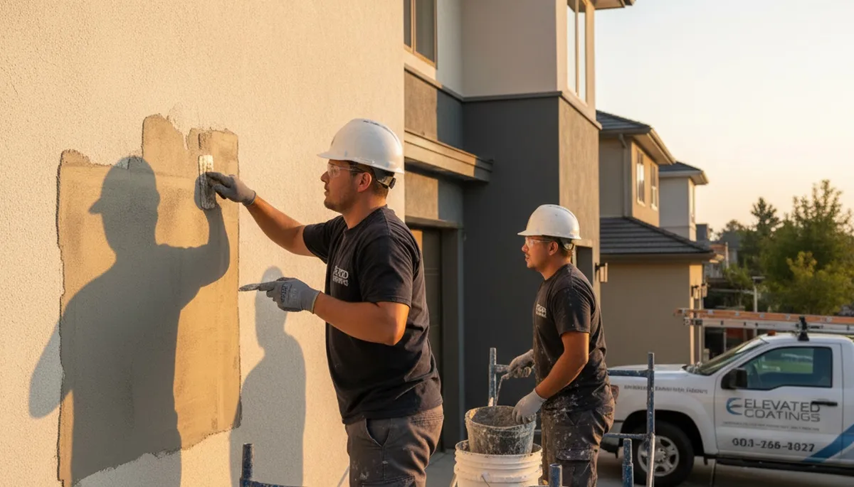 Professional stucco repair on Houston TX home exterior by expert house painters restoring smooth finish