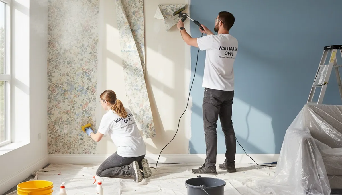 Professional wallpaper removal service in Houston, TX preparing interior walls for fresh paint